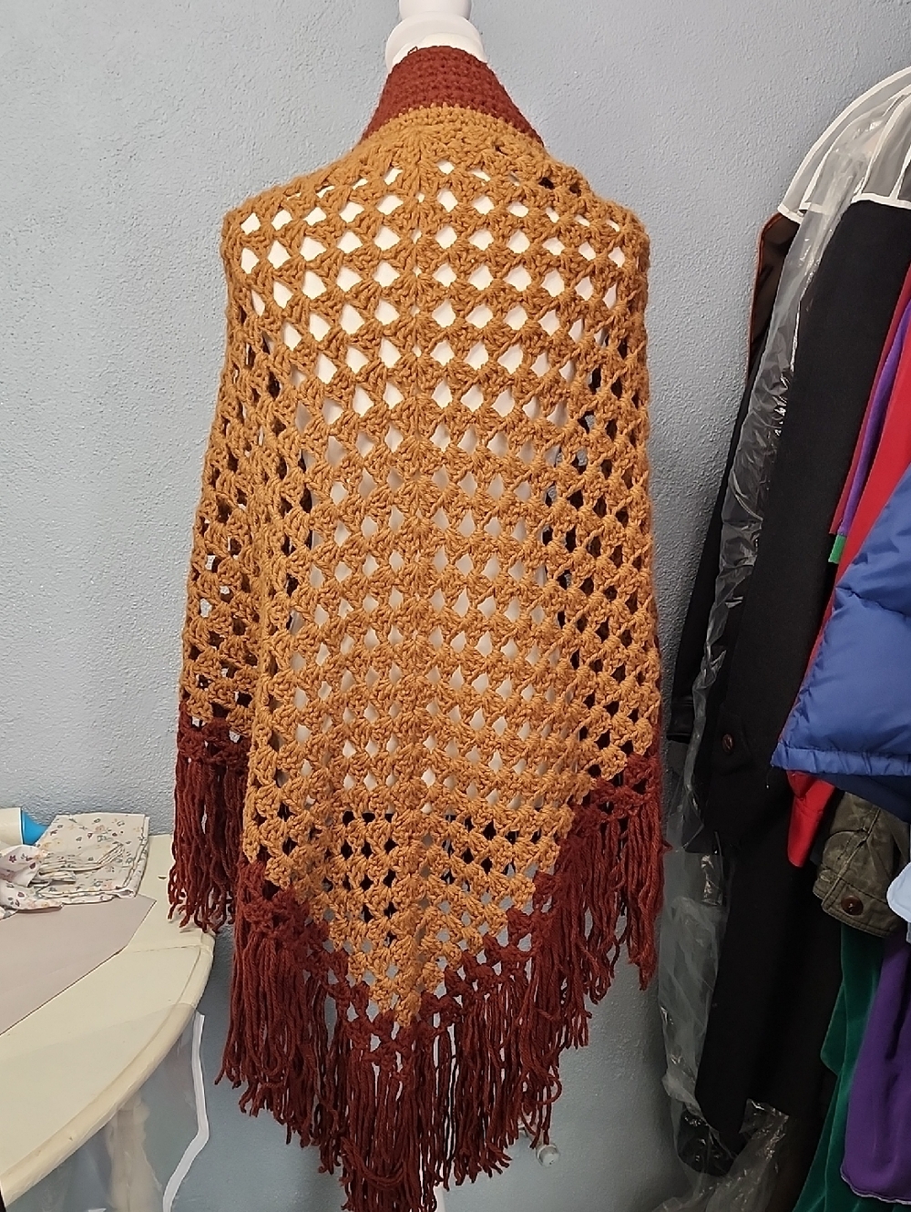 Handmade Crochet Fringe Shawl inlight And Dark Brown - Picture 2 of 2